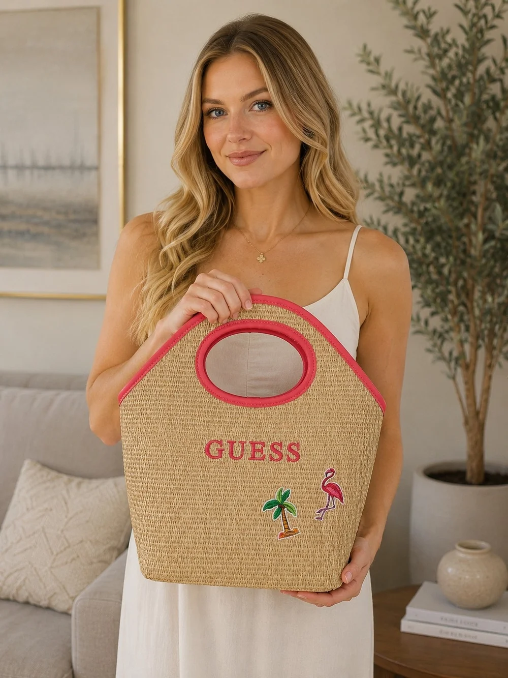 GUESS NWT Natural Straw Lunch Tote w/ Pink Trim and Embroidered Tropical Motifs